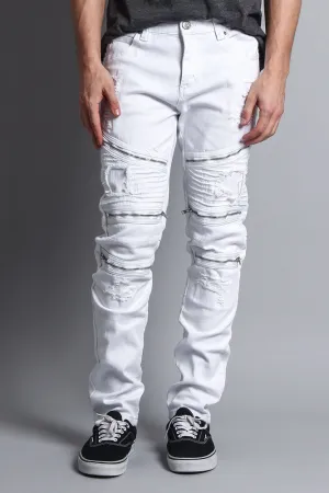 Faded Distressed Zipper Biker Jeans